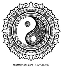 Circular pattern in form of mandala for Henna, Mehndi, tattoo, decoration. Decorative ornament in oriental style with Yin-yang hand drawn symbol. Coloring book page.