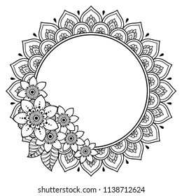 Circular pattern in form of mandala for Henna, Mehndi, tattoo, decoration. Decorative frame with flower ornament in ethnic oriental style. Coloring book page.