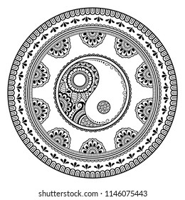 Circular pattern in form of mandala for Henna, Mehndi, tattoo, decoration. Decorative ornament in oriental style with Yin-yang hand drawn symbol. Coloring book page.