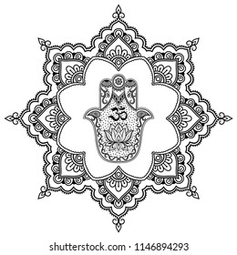 Circular pattern in form of mandala for Henna, Mehndi, tattoo, decoration. Decorative ornament in oriental style with Hamsa hand drawn symbol with mantra OM. Coloring book page.