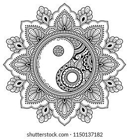 Circular pattern in form of mandala for Henna, Mehndi, tattoo, decoration. Decorative ornament in oriental style with Yin-yang hand drawn symbol. Coloring book page.