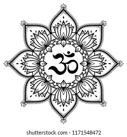 Circular pattern in form of mandala for Henna, Mehndi, tattoo, decoration. Decorative ornament in oriental style with ancient Hindu mantra OM. Coloring book page.
