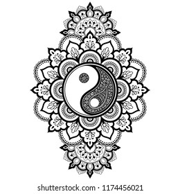 Patrón circular en forma de mandala para Henna, Mehndi, tatuaje, decoración. Decoración de estilo oriental con símbolo dibujado a mano por Yin-yang. Página del libro coloreado.