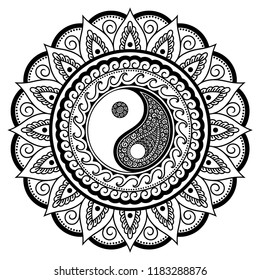 Circular pattern in form of mandala for Henna, Mehndi, tattoo, decoration. Decorative ornament in oriental style with Yin-yang hand drawn symbol. Coloring book page.