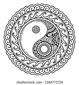 Circular pattern in form of mandala for Henna, Mehndi, tattoo, decoration. Decorative ornament in oriental style with Yin-yang hand drawn symbol. Coloring book page.