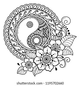 Circular pattern in form of mandala for Henna, Mehndi, tattoo, decoration. Decorative ornament in oriental style with Yin-yang hand drawn symbol. Coloring book page.