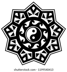 Circular pattern in form of mandala for Henna, Mehndi, tattoo, decoration. Decorative ornament in oriental style with Yin-yang hand drawn symbol. Coloring book page.