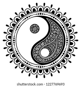 Circular pattern in form of mandala for Henna, Mehndi, tattoo, decoration. Decorative ornament in oriental style with Yin-yang hand drawn symbol. Coloring book page.