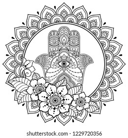 Circular pattern in form of mandala for Henna, Mehndi, tattoo, decoration. Decorative ornament in oriental style with flower and Hamsa hand drawn symbol. Coloring book page.