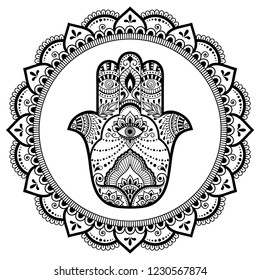 Circular pattern in form of mandala for Henna, Mehndi, tattoo, decoration. Decorative ornament in oriental style with flower and Hamsa hand drawn symbol. Coloring book page.