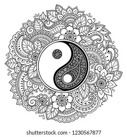 Circular pattern in form of mandala for Henna, Mehndi, tattoo, decoration. Decorative ornament in oriental style with Yin-yang hand drawn symbol. Coloring book page.