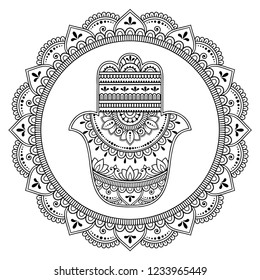 Circular pattern in form of mandala for Henna, Mehndi, tattoo, decoration. Decorative ornament in oriental style with flower and Hamsa hand drawn symbol. Coloring book page.