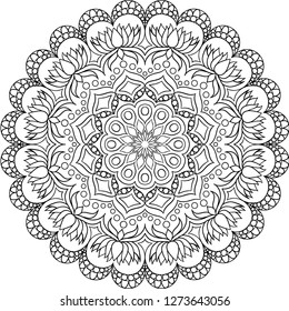 Circular pattern in form of mandala for Henna, Mehndi, tattoo, decoration. Decorative ornament in ethnic oriental style. Coloring book page.