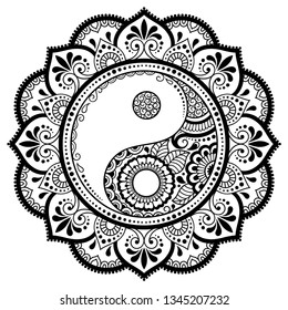 Circular pattern in form of mandala for Henna, Mehndi, tattoo, decoration. Decorative ornament in oriental style with Yin-yang hand drawn symbol. Coloring book page.