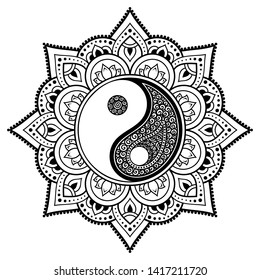 Circular pattern in form of mandala for Henna, Mehndi, tattoo, decoration. Decorative ornament in ethnic oriental style with Yin-yang hand drawn symbol. Outline doodle vector illustration.