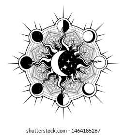 Circular pattern in form of mandala for Henna, Mehndi, tattoo, decoration. Decorative ornament in oriental style with Religious Islamic symbol of Star and Crescent. Coloring book page.