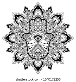 Circular pattern in form of mandala for Henna, Mehndi, tattoo, decoration. Decorative ornament in oriental style with Hamsa hand drawn symbol. Coloring book page.