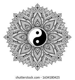 Circular pattern in form of mandala for Henna, Mehndi, tattoo, decoration. Decorative ornament in ethnic oriental style with Yin-yang hand drawn symbol. Outline doodle vector illustration.