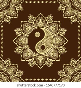 Circular pattern in form of mandala for Henna, Mehndi, tattoo, decoration. Decorative ornament in ethnic oriental style with Yin-yang hand drawn symbol. Outline doodle vector illustration.