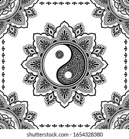 Circular pattern in form of mandala for Henna, Mehndi, tattoo, decoration. Decorative ornament in ethnic oriental style with Yin-yang hand drawn symbol. Outline doodle vector illustration.