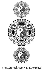 Circular pattern in form of mandala for Henna, Mehndi, tattoo, decoration. Decorative ornament in ethnic oriental style with Yin-yang hand drawn symbol. Outline doodle vector illustration.