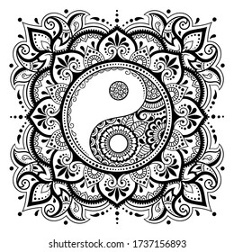 Patrón circular en forma de mandala para Henna, Mehndi, tatuaje, decoración. Ornamento decorativo de estilo étnico oriental con símbolo dibujado a mano por Yin-yang. Ilustración vectorial del doodle de esquema.