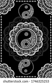 Circular pattern in form of mandala for Henna, Mehndi, tattoo, decoration. Decorative ornament in ethnic oriental style with Yin-yang hand drawn symbol. Outline doodle vector illustration.