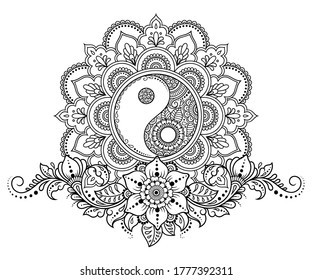 Circular pattern in form of mandala for Henna, Mehndi, tattoo, decoration. Decorative ornament in ethnic oriental style with Yin-yang hand drawn symbol. Outline doodle vector illustration.