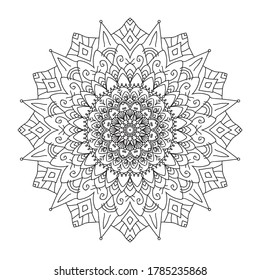 Patrón circular en forma de mandala para Henna, Mehndi, tatuaje, decoración.  Bonito adorno de relajación en blanco y negro. Coloreando la página del libro.