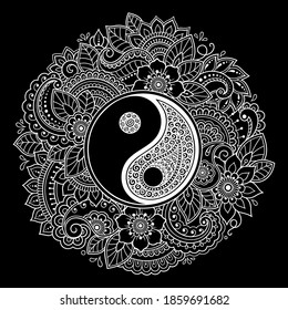 Circular pattern in form of mandala for Henna, Mehndi, tattoo, decoration. Decorative ornament in ethnic oriental style with Yin-yang hand drawn symbol. Outline doodle vector illustration.