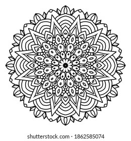 Circular pattern in form of mandala for Henna, Mehndi, tattoo, decoration. Beautiful relaxation black and white ornament. Coloring book page.	
