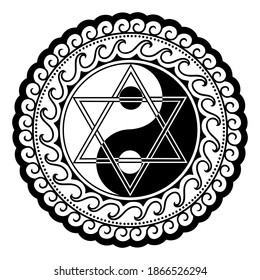 Circular pattern in form of mandala for Henna, Mehndi, tattoo, decoration. Decorative ornament in ethnic oriental style with Yin-yang symbol and star of David. Outline doodle vector illustration.