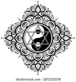 Circular pattern in form of mandala for Henna, Mehndi, tattoo, decoration. Decorative ornament in ethnic oriental style with Yin-yang symbol and star of David. Outline doodle vector illustration.