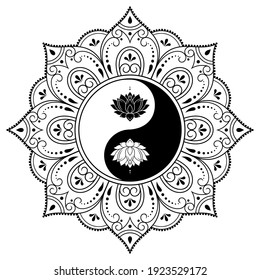 Circular pattern in form of mandala for Henna, Mehndi, tattoo, decoration. Decorative ornament in ethnic oriental style with Yin-yang symbol and Lotus flower. Outline doodle vector illustration.