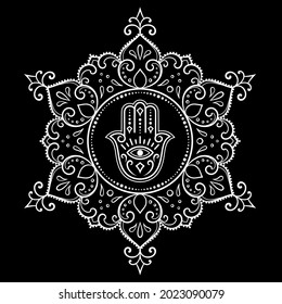 Circular pattern in form of mandala for Henna, Mehndi, tattoo, decoration. Decorative ornament in oriental style with Hamsa hand drawn symbol. White design on black background.