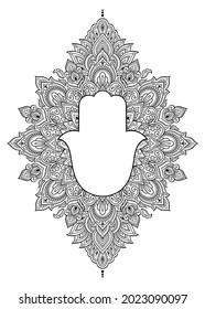 Circular pattern in form of mandala for Henna, Mehndi, tattoo, decoration. Decorative ornament in oriental style with Hamsa hand drawn symbol. Black design on white background.