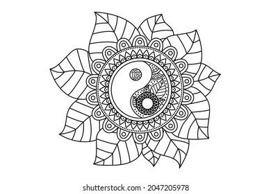 Circular pattern in form of mandala for Henna, Mehndi, tattoo, decoration. Decorative ornament in oriental style with Yin-yang hand drawn symbol. Coloring book page.