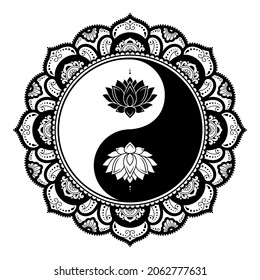 Circular pattern in form of mandala for Henna, Mehndi, tattoo, decoration. Decorative ornament in ethnic oriental style with Yin-yang symbol and Lotus flower. Outline doodle vector illustration.