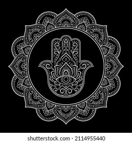 Circular pattern in form of mandala for Henna, Mehndi, tattoo, decoration. Decorative ornament in oriental style with Hamsa hand drawn symbol. Coloring book page.