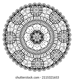 Circular pattern in form of mandala for Henna, Mehndi, tattoo, decoration. Decorative ornament in ethnic oriental style. Coloring book page.