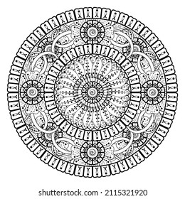 Circular pattern in form of mandala for Henna, Mehndi, tattoo, decoration. Decorative ornament in ethnic oriental style. Coloring book page.