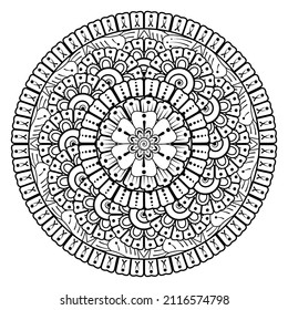 Circular pattern in form of mandala for Henna, Mehndi, tattoo, decoration. Decorative ornament in ethnic oriental style. Coloring book page.