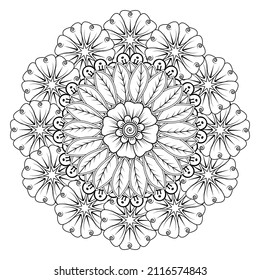 Circular pattern in form of mandala for Henna, Mehndi, tattoo, decoration. Decorative ornament in ethnic oriental style. Coloring book page.