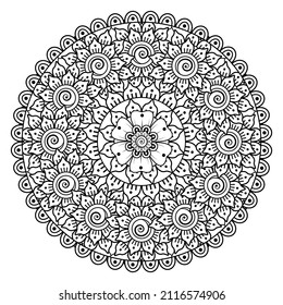 Circular pattern in form of mandala for Henna, Mehndi, tattoo, decoration. Decorative ornament in ethnic oriental style. Coloring book page.