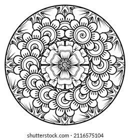 Circular pattern in form of mandala for Henna, Mehndi, tattoo, decoration. Decorative ornament in ethnic oriental style. Coloring book page.