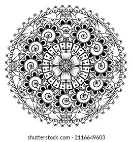 Circular pattern in form of mandala for Henna, Mehndi, tattoo, decoration. Decorative ornament in ethnic oriental style. Coloring book page.