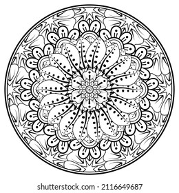 Circular pattern in form of mandala for Henna, Mehndi, tattoo, decoration. Decorative ornament in ethnic oriental style. Coloring book page.