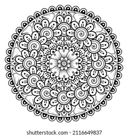 Circular pattern in form of mandala for Henna, Mehndi, tattoo, decoration. Decorative ornament in ethnic oriental style. Coloring book page.