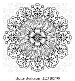 Circular pattern in form of mandala for Henna, Mehndi, tattoo, decoration. Decorative ornament in ethnic oriental style. Coloring book page.