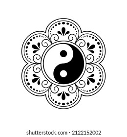 Circular pattern in form of mandala for Henna, Mehndi, tattoo, decoration. Decorative ornament in ethnic oriental style with Yin-yang hand drawn symbol. Outline doodle vector illustration.